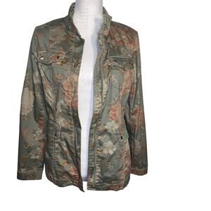 Chico’s 0 ,US 4–6‎ military twill olive floral utility jacket hidden button snap